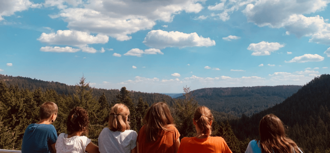 Kinder beobachten die Berge im Wald.