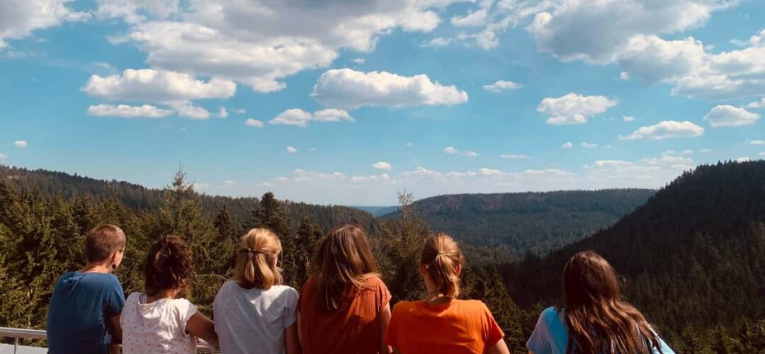 Kinder beobachten die Berge im Wald.