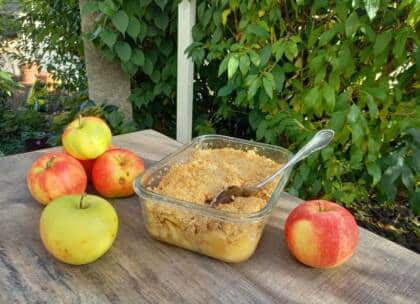 Apfel-Crumble mit frischen Äpfeln im Garten